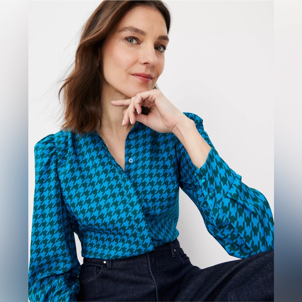 Ann Taylor Houndstooth Ruffle Neck Shirt Turquoise and Forest Green